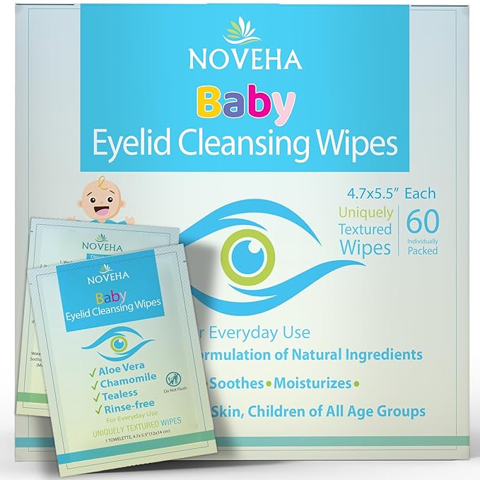 NOVEHA 60PCs Baby Eye Wipes | Safe & Natural Eyelid & Lash Wipes | Non Irritating, Tear Free, Hypoallergenic & Preservative free | Organic Baby Wipes for Sensitive Skin | Soothing and Moisturizing