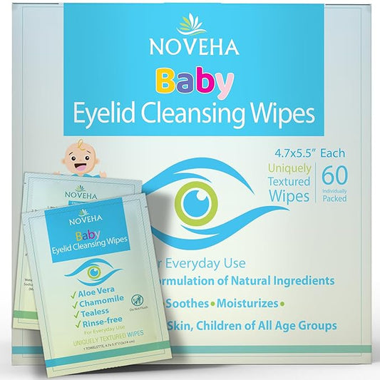 NOVEHA 60PCs Baby Eye Wipes | Safe & Natural Eyelid & Lash Wipes | Non Irritating, Tear Free, Hypoallergenic & Preservative free | Organic Baby Wipes for Sensitive Skin | Soothing and Moisturizing