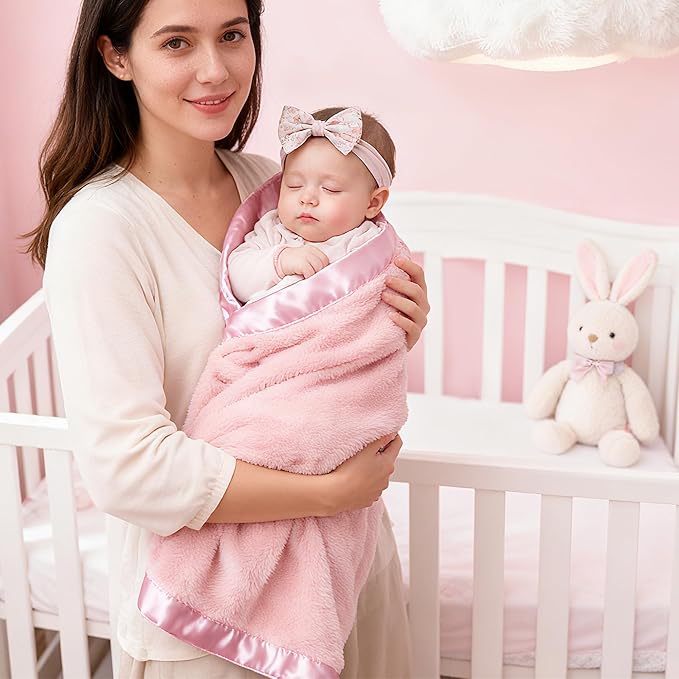 Pro Goleem Fleece Baby Blankets for Girls with 2 Inch Satin Trim, Super Soft Plush Receiving Blanket for Infant Toddler Newborn, Cozy 30x40 Inch Crib & Stroller Blanket (Pink)