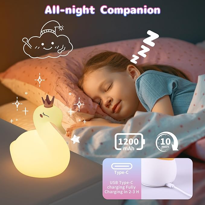 Silicone Night Light for Kids – Rechargeable Tap Control Lamp with 8 Colors, Cute Animal Design for Nursery, Toddler Room Decor, Gifts for Girls and Boys (Swan)