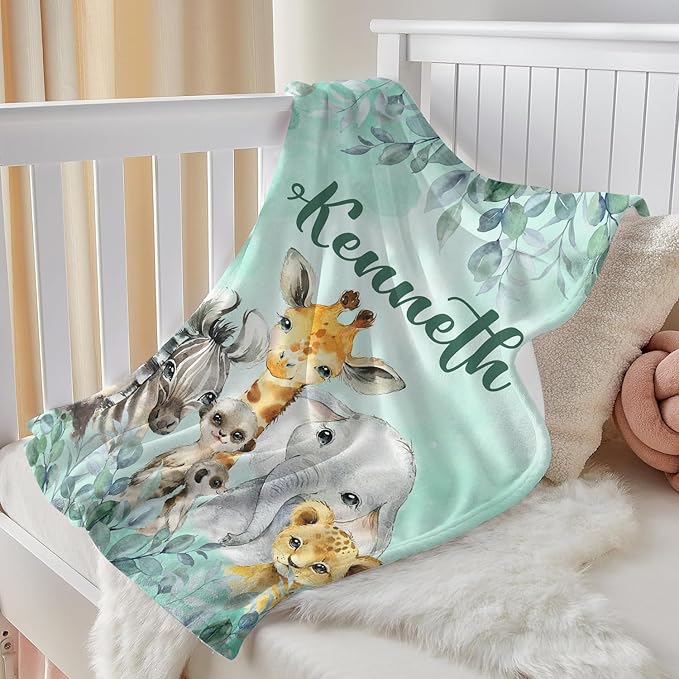 J&SBGFT Personalised Custom Baby Blanket for Boys, Toddlers, Kids - Safari Animal Green