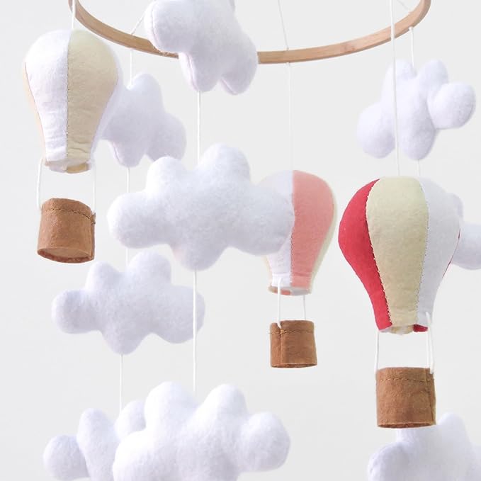 Hot Air Balloon Mobile for Crib, Pink Baby Girl Crib Mobile for Girls, Cloud Mobile for Crib, Boho Nursery Mobile for Bassinet