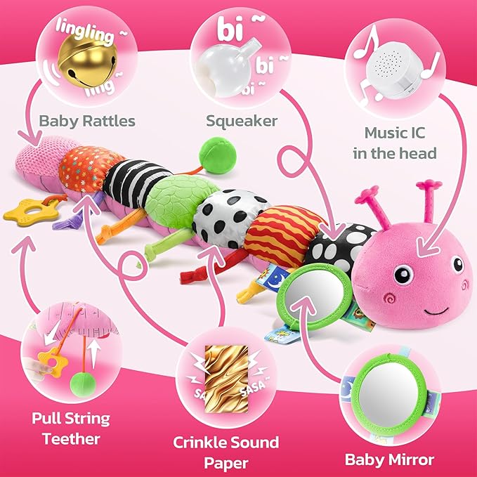 HEMRLY Baby Sensory Toy 0-6 Months, Musical Stuffed Caterpillar Plush with Teether, Crinkle, Rattle, Baby Mirror for Tummy Time, Infant Car Seat Toy for 0-3-6-12 Month Boys Girls Gifts - Knotted Pink