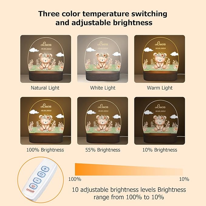 callie Acrylic Night Light Name Plate Personalized, Custom Cute Animal Dog Cat with Wooden Base Bedroom Decor, Birthday Gifts Kid Gifts for Family (Animal Bear Fox)