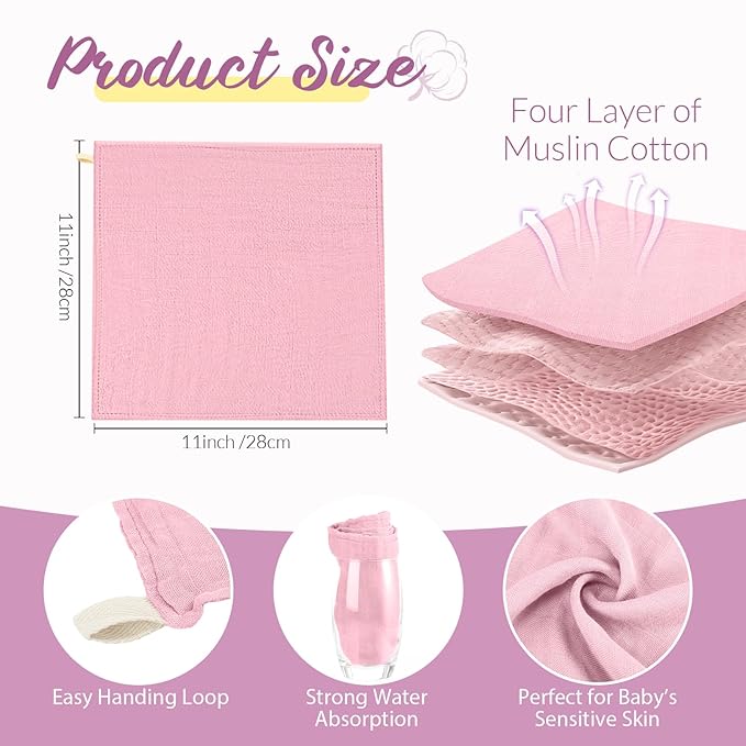 Preboun 6 Pcs Muslin Hooded Baby Towels and Washcloths 32"x 32" Cotton Newborn Bath Towel Anti-Shrink Infant Baby Blankets with Hood 12"x 12" Washcloths for Girl Boy Toddler(Light Pink,Purple)