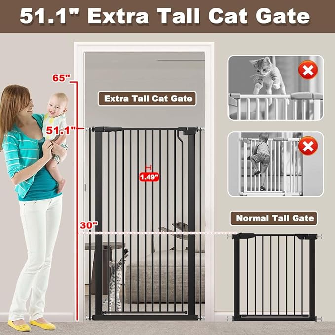 Fairy Baby 51.18" Extra Tall Pet Gate for Cats, 29.5"-48.4" Extra Wide High Cat Dog Gates for Doorways, Tall Baby Safety Gate Pressure Mounted No Drill, Walk Thru Auto Close Metal Doggy Gate, Black