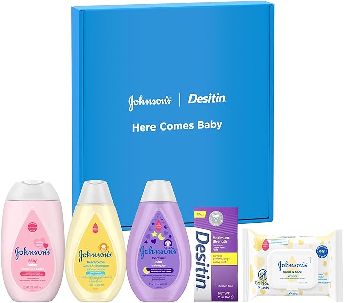 Johnson's Baby Here Comes Baby Gift Set, Baby Essentials for New Parents with Moisturizing Lotion, Bedtime Bath, Body Wash & Shampoo, Hand & Face Wipes, & Diaper Rash Cream, 5 Items