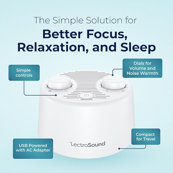 Adaptive Sound Technologies Lectro Sound 2 White Noise Machine - Simple Machine for Nursery or Bedroom - Non-Looping, Warm White Noise for Soothing Sleep - for All Ages - White