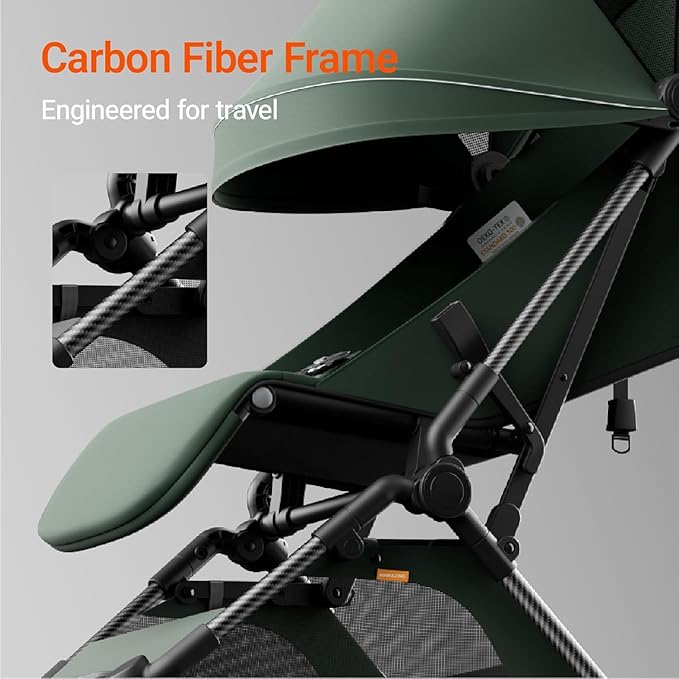 MAMAZING Lightweight Baby Travel Stroller with Carbon Fiber Frame, Compact & Airplane-Friendly, One-Handed Folding Design, 11.6 lbs, Perfect for Toddlers, Green