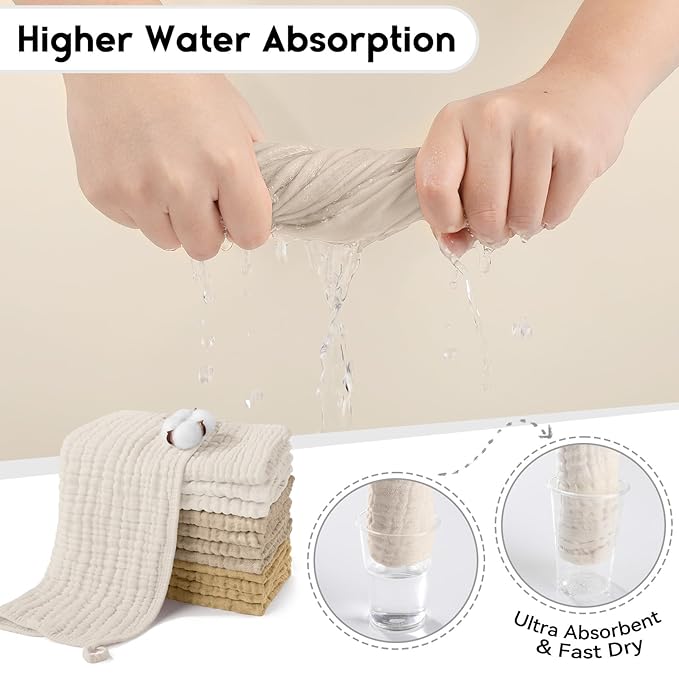 Muslin Burp Cloths for Baby 100% Cotton Burping Cloths for Boys Girls Large 20''X10'' Extra Soft and Absorbent 12 Pack - Gradient Khaki