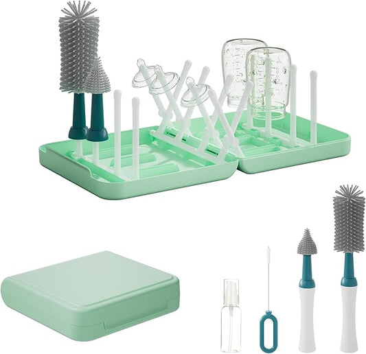 Portable Baby Bottle Brush Set with Multiple Brushes,Soap Dispenser, Foldable Bottle Drying Rack for 16 Bottles, Bottle Cleaner Brush Set for Bottles and Baby Accessories, Baby Travel Essential