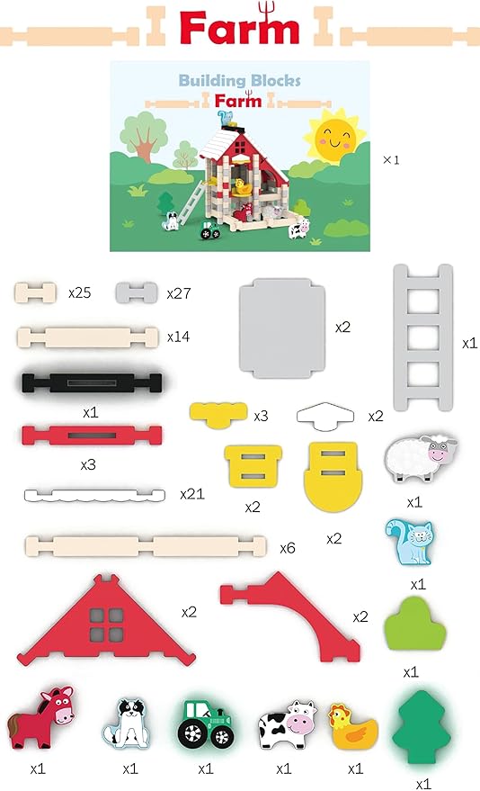 127PCS Wooden Building Blocks Set for Toddlers, Construction City Stacking Toys, Preschool Learning Educational Toys for Kids 3+ Years Girls and Boys (Farm)