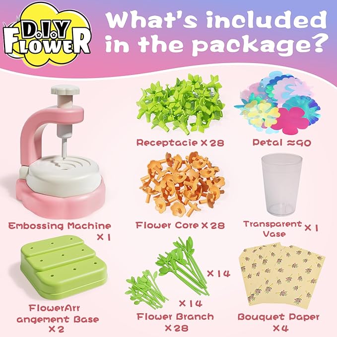 Mini Fabric Flower Press Sewing Machine Toy Kit for Kids Beginners, DIY Paper Bouquets Manual Sewing Kit, Creative Arts & Crafts Making Toy Gift for 4-8 Year Old Girls Boys