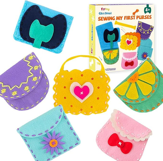 IROLEHOME 6 Pcs Soft Felt Sewing Kit for Kids, Purses DIY Arts & Craft Kit for Beginners, Sew Your Own Handbag Projects Gifts for Girls Boys Fine Motor Travel Toys