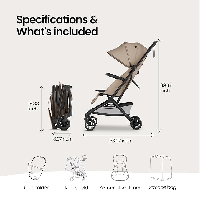 Mompush Velo Lightweight Travel Stroller, Compact & Airplane-Friendly for Baby and Toddler, Lie-Flat Seat, One-Hand Fold, with Leather Bumper Bar, Shoulder Strap, Raincover, Storage Bag & Cup Holder