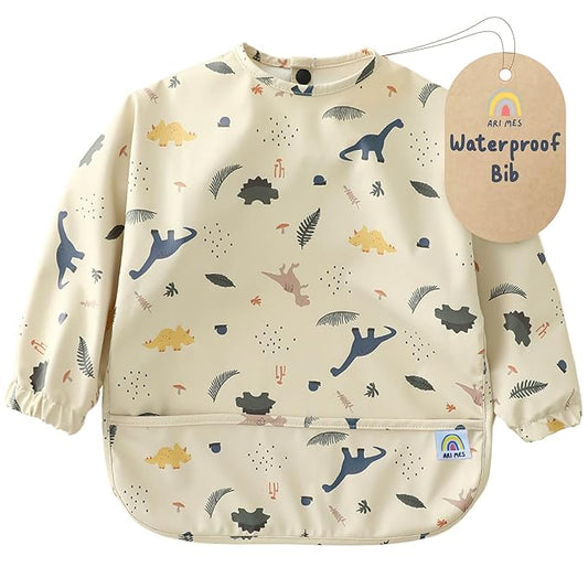 ARI MES Long Sleeves Waterproof Baby Bibs for Eating - Dinosaurs, Large- Wearable, Coverall for Toddler, Long Sleeve Bib, Smock Apron for Feeding - Applicable for 6-72 Months