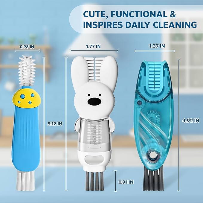 Cup Lid Cleaning Brush, Multifunctional Set with 3 in 1 Lid Cleaner and Two 4 in 1 Cup Lid Cleaning Brushes, Cleaning Brush Tool for Bottles, Straws, Tumblers, Travel Mug Caps, Portable Kit (Blue)