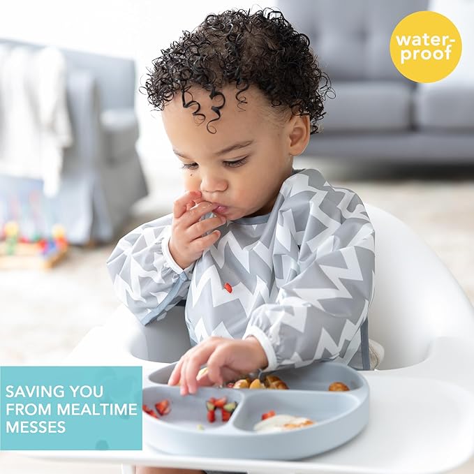 Bumkins Sleeved Bib for Girl or Boy, Baby and Toddler for 6-24 Mos, Essential Must Have for Eating, Feeding, Baby Led Weaning Supplies, Long Sleeve Mess Saving Food Catcher, Soft Fabric, Gray Chevron