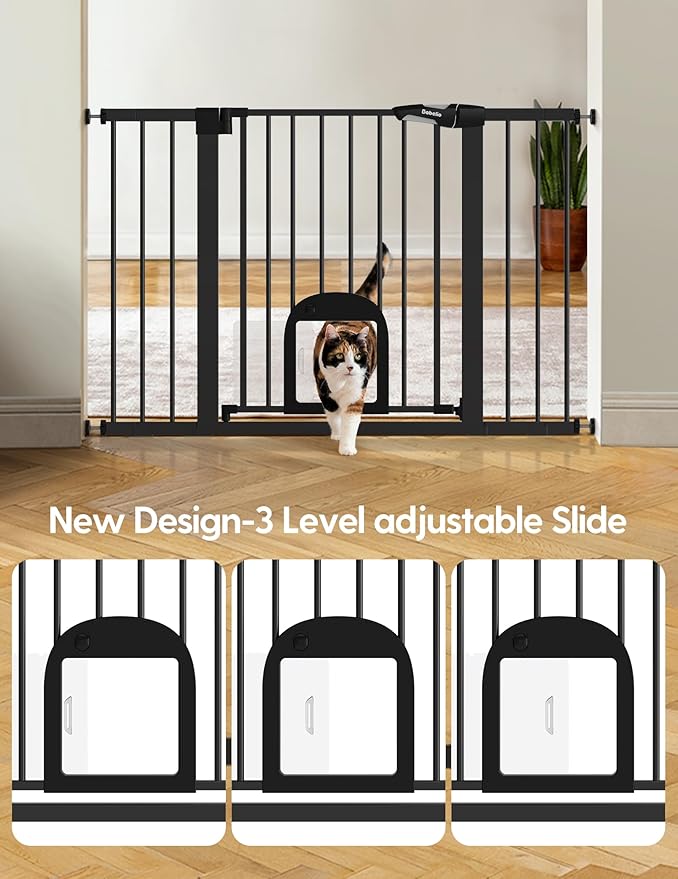 Babelio Upgraded Baby Gate with Cat Door, Auto Close Durable Dog Gate for Stairs, Doorways and House, Easy Walk Thru Safety Gate with Pet Door Includes 4 Wall Cups, 29-48" Wide, 30" Tall, Black