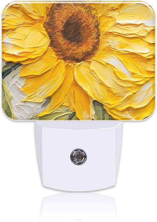 Sunflower Oil Painting Night Light Plug into Wall, Sunflower Night Light with Dusk to Dawn Sensor for Kid Girls Boys Women Men Bedroom, Hallway, Kitchen, Bathroom, Stairs Decor