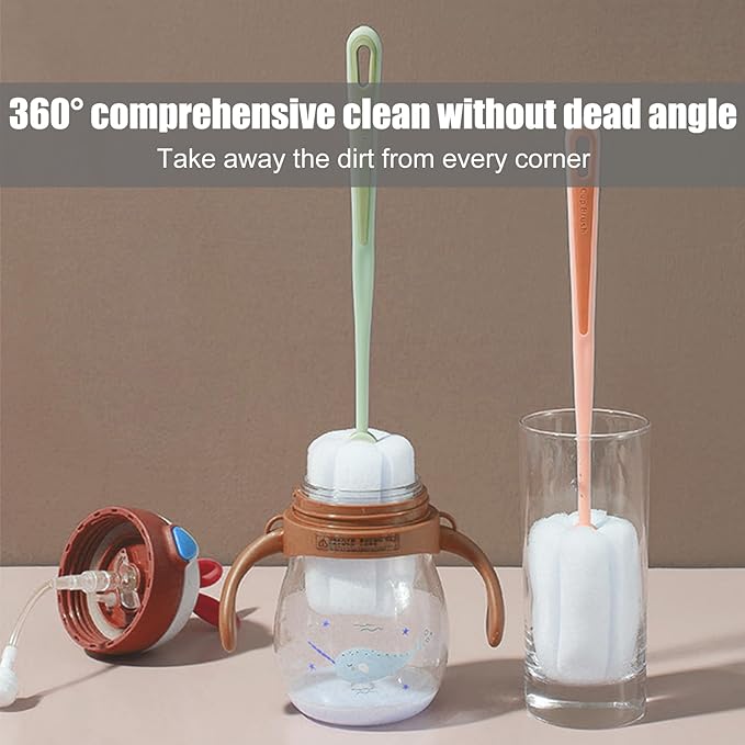 4 Pcs Sponge Bottle Brush, Long Handle Bottle Brush Portable Bottle Cleaning Brush with Handle for Bottles Cups Teapot