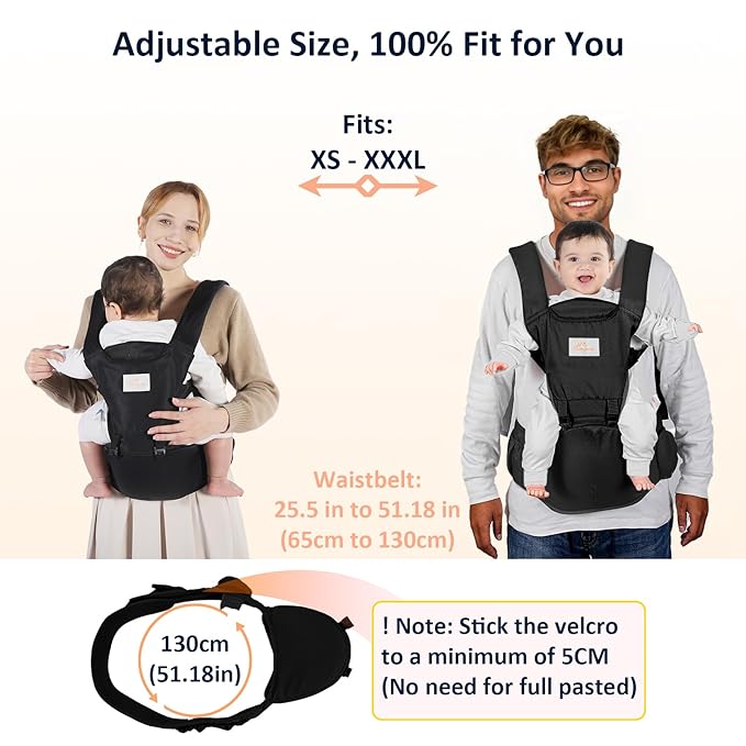 Baby Carrier with Hip Seat, 6-in-1 Baby Carrier Newborn to Toddler, Detachable Hands-Free Infant Carrier, One Size Fits All, All Seasons, Black