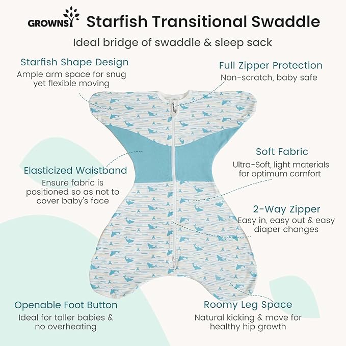 GROWNSY Transitional Swaddle Sleep Sack 3-6 Months, Starfish Design Baby Swaddle Sack, Dual-Zipper for Easy Diaper Changes, Proper Hip Development & Openable Foot Button, 12-20lbs, Whales and The Sea