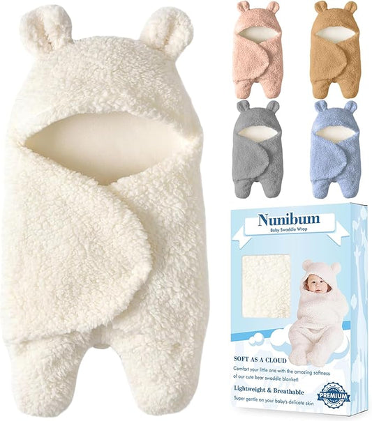 Baby Swaddle Blanket Boys Girls Cute Bear Plush Essential Receiving Blanket Ultra-Soft Newborn Registry Sleeping Wraps for Infant 0-6 Months - White