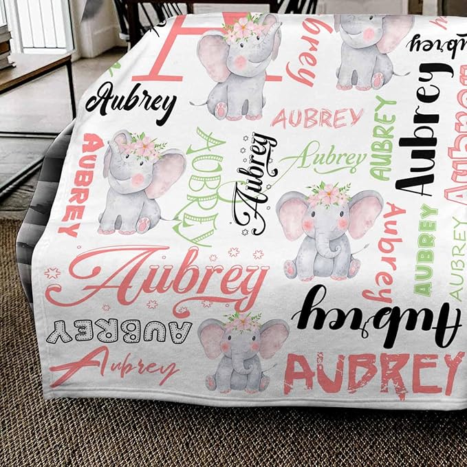 Personalized Name Toddler Blanket for Baby Kids, Cute Elephant Blankets for Daughter Son Granddaughter Grandson, Customized Name Blanket for Christmas Birthday, Baby Girl Boy Newborn Essentials