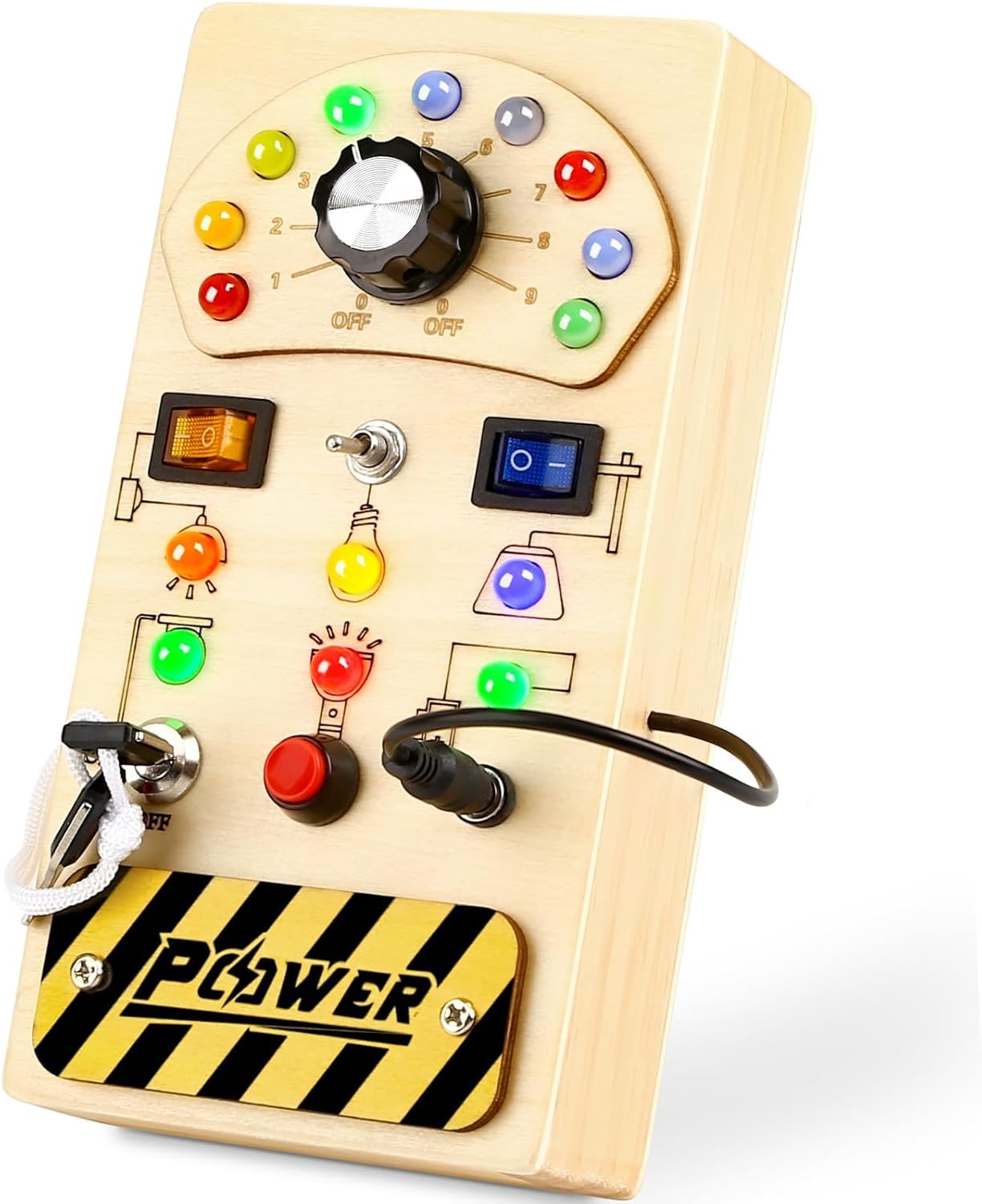 Joyreal Toddler Busy Board, Wooden Montessori Busy Board Sensory Board with LED Light Switch, Sensory Toys Baby Fidget Board Travel Toys for Toddler