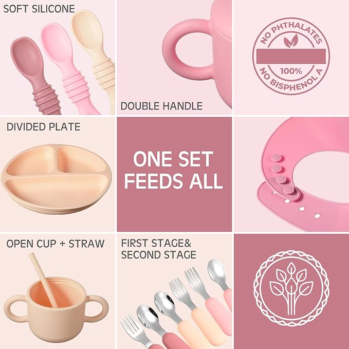 24 Pack Silicone Baby Feeding Set Baby LED Weaning Supplies Includes Suction Divided Plates Soft Bowl Spoons Forks Adjustable Bib Snack Cup and Straws(Pink, Dark Pink, Nude)