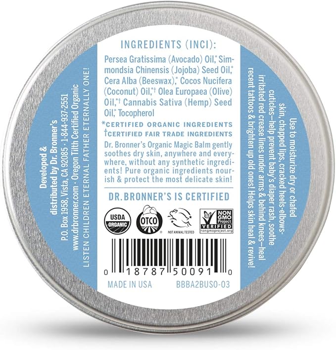 Dr. Bronner's - Organic Magic Balm - Baby Unscented, Made with Organic Beeswax & Hemp Oil, Moisturizes & Soothes Hands, Face & Body (2 oz, 2-Pack)