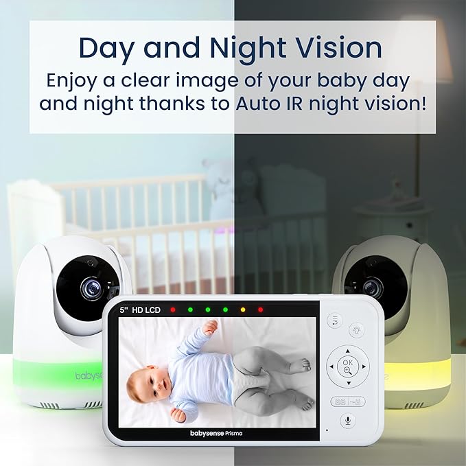 Babysense Prisma Baby Monitor with Camera and Audio, 5” HD Video Baby Monitor, 6-Color Night Light, Split Screen, Baby Sound Machine with White Noise & Lullabies, Secure No WiFi