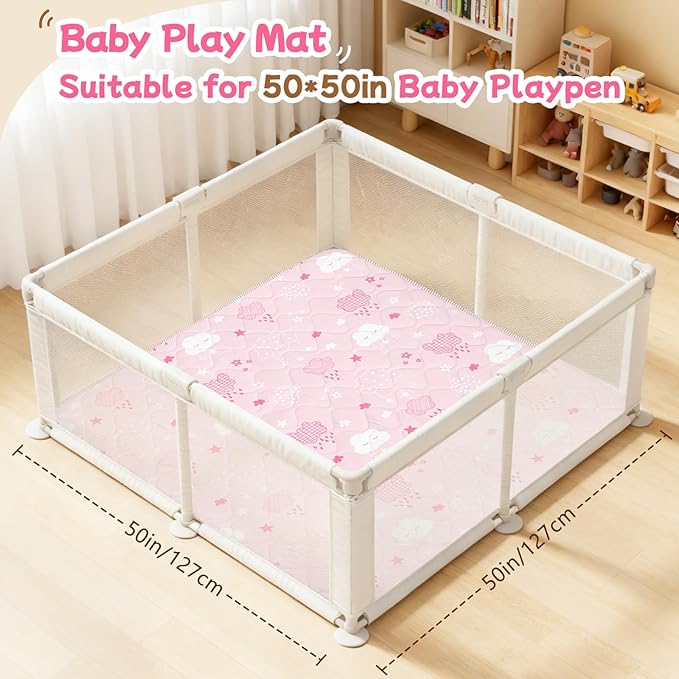 Baby Play Mat for Floor,Soft 50x50 Playpen Mat,Thick Foam Cushioned Playmat for Tummy Time,Safe Non-Slip Backing for Crawling for Kids Toddlers Infants,Pink Clouds
