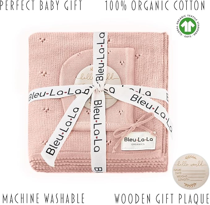 Organic Baby Blanket + Hat Gift Set for Girls- 100% Soft Luxury Cotton Receiving Swaddle Blanket + Bonnett Registry for Newborns & Infants (Ballet Slippers + Hat)