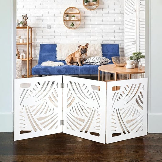 Bundaloo Freestanding Dog Gate Expandable Decorative Wooden Fence for Small to Medium Pet Dogs, Barrier for Stairs, Doorways, & Hallways (Swirl)