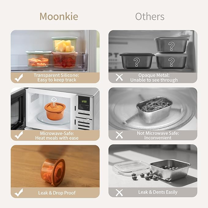 Moonkie Silicone Snack Containers for Kids and Toddlers | 8 oz Baby Food Containers with Airtight Lids and A Snack Lid | Baby Food Jars | BPA Free | Freezer & Dishwasher Safe | 6 Pack