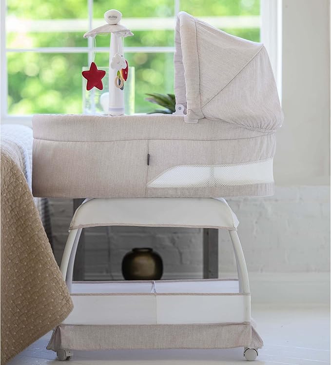 Baby Sweetli Calm Infant Bassinet Bedside Crib Sleeper with Cry Recognition, Electric Mobile with Deluxe Toys, Music, Nightlights, Vibration (Wheat Melange)