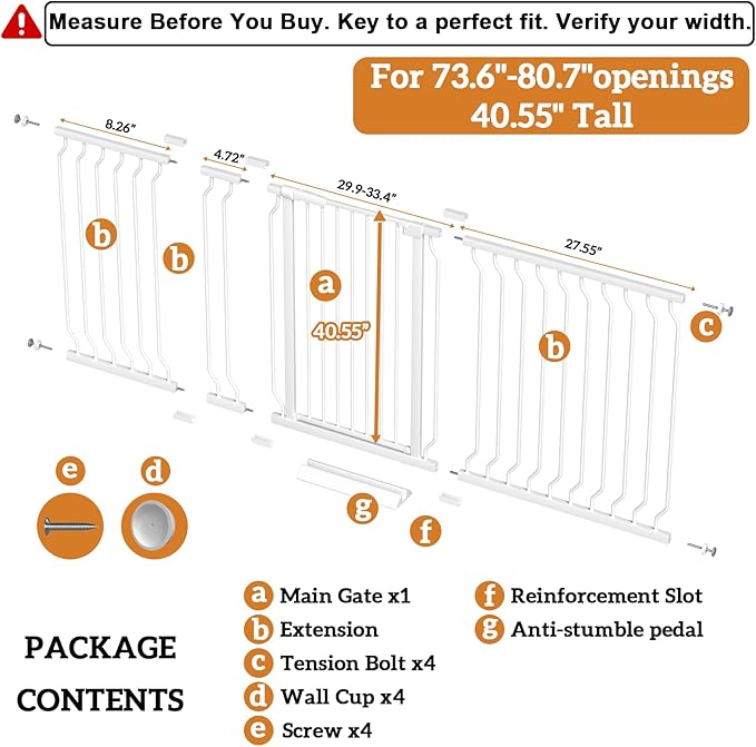 Extra Tall 40.55" Gate, 73.62-80.70" Extra Tall and Wide Dog Gate,Extra Wide Baby Gates Pressure Mounted Walk Through for Doorways,Stairs, Kitchen White