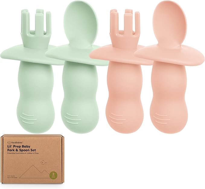 KeaBabies 4-Pack Silicone Baby Spoons and Forks Set - Baby Led Weaning Utensils 6-12 Months, Self Feeding Toddler Spoon & Fork for Training, Teething, Easy to Hold, BPA-Free Silicone (Mellow)
