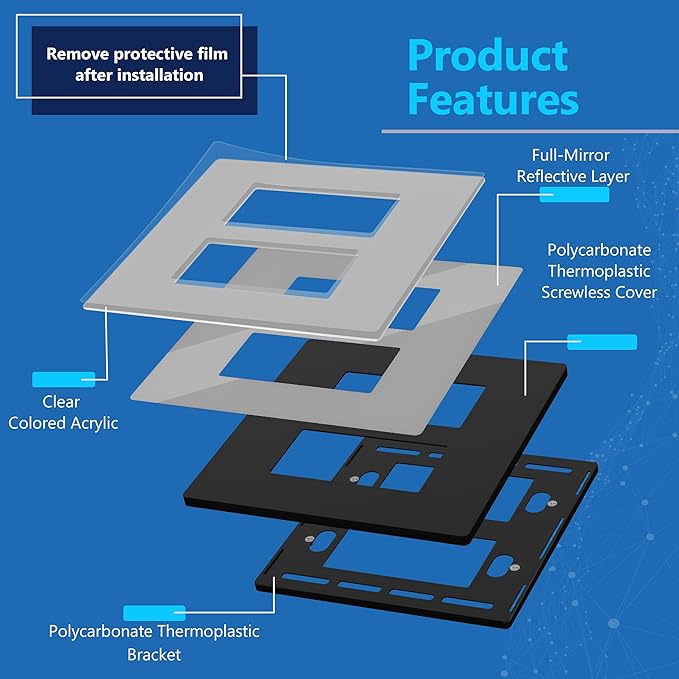 LIDER Double Decorator Wall Plate, Impact Resistant, Mirrored Acrylic, Plexiglass, Reflective Finish, Modern Upgrade, Screwless Light Switch/Outlet Cover Mid-Size 2-Gang 4.88" x 4.92 Silver