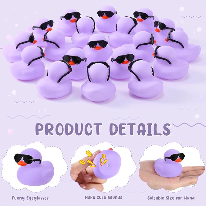Sosation 36 Packs Mini Rubber Ducks with Sunglasses Sets 2.2 Inch Bath Squeaky Rubber Duckies Cute Float Bathtub Toys for Christmas Birthday Party Favors Class Prizes Car Decor(Light Purple)