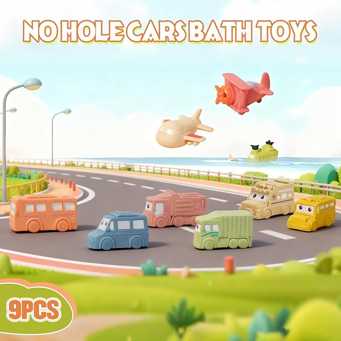 Mold Free Baby Bath Toys, 9 PCS No Hole Vehicle Bath Toys, Soft & Safe Toddler Bath Toy Set, Bathtub Water Beach Pool Toys for Babies 6-12 Months, Baby Gift for Christmas, Birthday, Stocking Stuffers