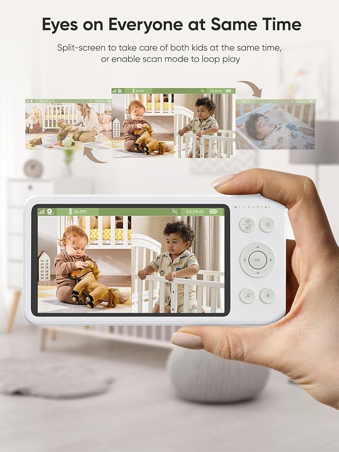 bonoch 5.5" 1440p Baby Monitor with 2 Cameras, Dual Video Monitor with Split Screen, Smart No WiFi Baby Camera, Detect Sleep Turn Over/Cry/Motion, 240h Lasting, WPA3 Hack Proof, White Noise