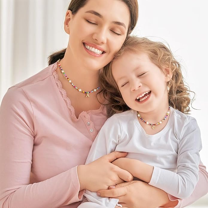 M MOOHAM Colorful Initial Necklaces for Girls Women Kids - Christmas Stocking Stuffers Beaded Pearl Choker Necklace for Women Teen Girl Gifts Trendy Personalized Letter Birthday Gifts Kids Jewelry