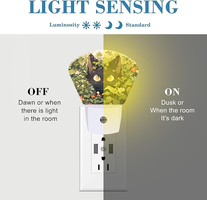 Cute Black Cat in Grass Night Light for Kids Girls Boys, Black Cat LED Night Light Plug into Wall with Dusk to Dawn Sensor for Bedroom, Hallway, Kitchen, Bathroom, Stairs Decor