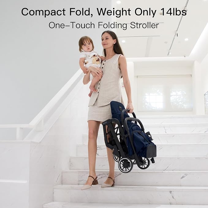 Compact Fold Baby Stroller, Lightweight Travel Toddler Stroller with One-Click Fold, Extendable UPF50+ Canopy, Cup Holder, UV Protected and Waterproof, One-Hand Folding - Blue