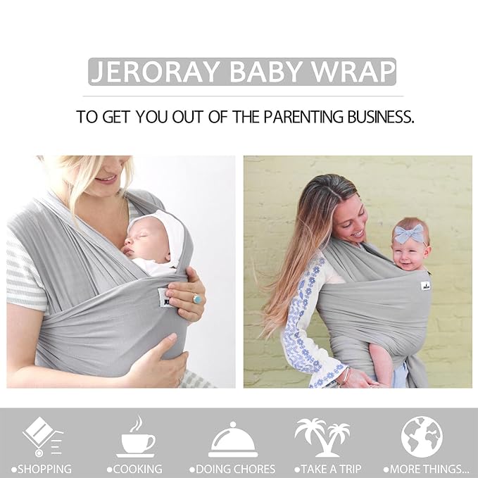Baby Wraps Carrier, Jeroray Baby Carrier,Hands Free Infant Carrier, Lightweight,Breathable,Softness,Light Grey
