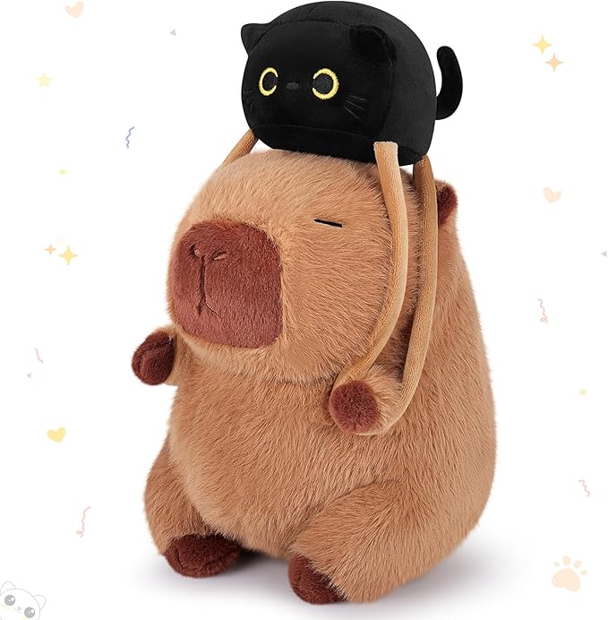 Achwishap Capybara Plush,Capybara Stuffed Animal Cute Plushies,Capybara Plush Toys,Kawaii Plushie Stuffed Toy with Black Cat Backpack Plushies Gifts for Kids Adults(Capybara with Black Cat,9.1”)