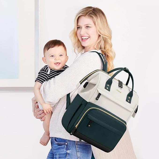 LOVEVOOK Diaper Bag Backpack, Baby Bag with Changing Station, Large Diaper Backpack for Moms Dads, Waterproof Leather Accents Baby Boy and Girl Bag for Travel Baby Essentials, Dark Green-Beige